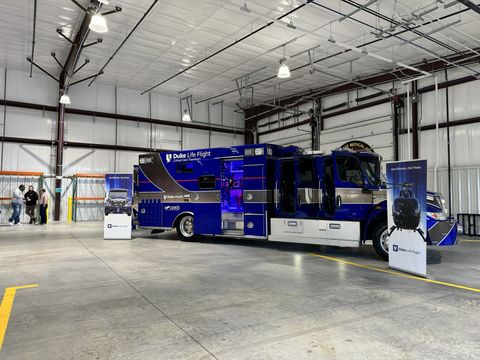 Open bay interior with a Duke Life Flight critical care truck